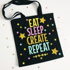 Pack of 3 ‘Powered by Unicorn Magic’ White & Gold Foiled Pencils Black Canvas Tote Bag  – Eat, Sleep, Create, Repeat, 100% Cotton